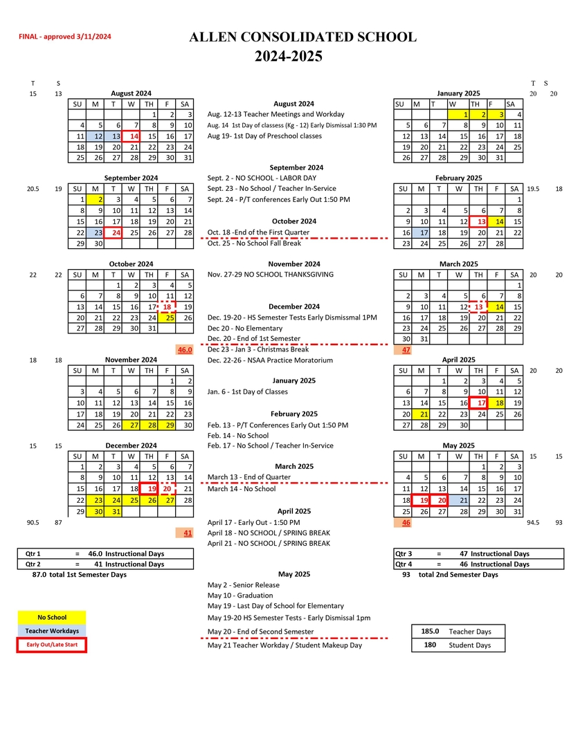 Allen Consolidated Schools - 2024-2025 Year Calendar